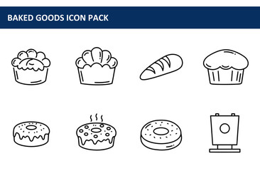 Poster - Baked goods icon pack showcasing various pastries and breads in a simple, outlined style. Collection of different baked goods icons for bakery or restaurant.