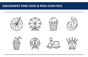 Poster - Amusement park food and rides icons with a simple line art style. Flat icons of various carnival food and attractions.