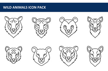 Poster - Line art illustrations of various wild animal heads in a graphic design style. Simple, bold outlines of tiger, bear, and other feline faces in profile view against a plain white background.