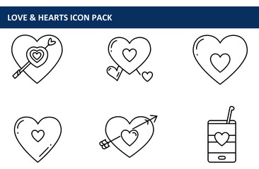 Poster - Love and hearts icon pack showing various heart shapes with arrows. Simple, outlined illustrations for Valentine's Day or romantic themes.