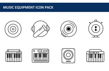 Poster - Music equipment icons in a line art style. Outline illustrations of a vinyl record, headphones, a speaker, and a synthesizer.