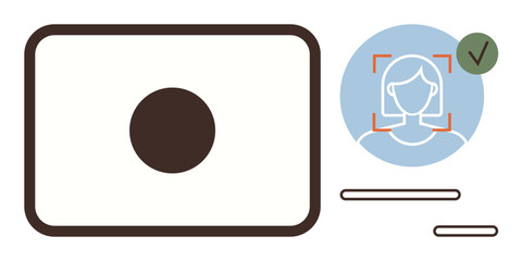 Poster - Camera lens scanning a face with facial recognition frame, verified checkmark, and data indicators. Ideal for security, authentication, AI, technology, identification, privacy digital