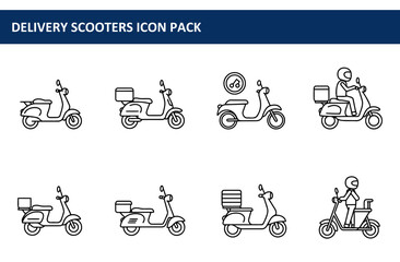 Poster - Delivery scooters in various configurations. Outline illustrations of delivery scooters in different styles and with riders, suitable for a variety of uses.