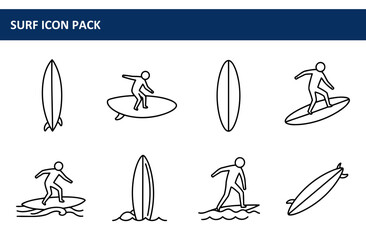 Poster - Surfers in various poses on surfboards with ocean waves, illustrations for a surf icon pack.