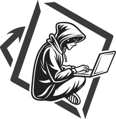 Fototapete - Anonymous hacker silhouette inside glowing digital code brackets symbolizing cybersecurity and online privacy