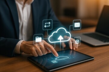 Fototapete - Cloud Computing and Business Connection: A forward-thinking professional, deeply engaged, navigates cloud computing on a sleek digital tablet, symbolizing modern connectivity.