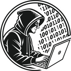 Fototapete - Cybersecurity concept of a focused hacker illuminated by a glowing screen displaying intricate binary code patterns representing digital data and online security