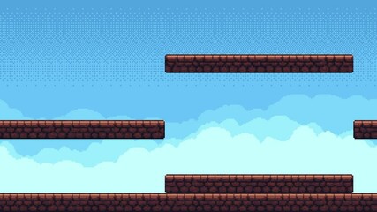 Poster - Pixel art game level background with moving platforms and scrolling blue sky clouds animation.