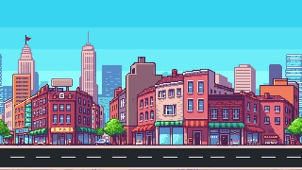 Aufkleber - Pixel art city street level background animation with buildings, road, and skyline for game concept footage
