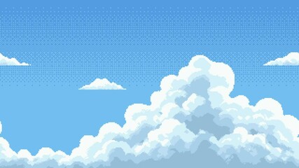 Poster - Pixel art game level background animation showing a bright blue sky with white moving clouds above an ocean.