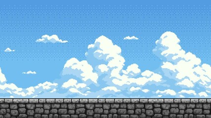 Aufkleber - Pixel art cloud and stone wall environment in video game with blue sky background animation.