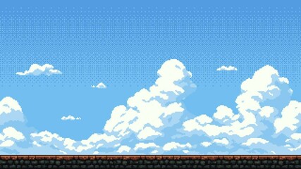 Poster - Pixel art game level background animation with parallax scrolling sky and clouds above a ground platform footage.