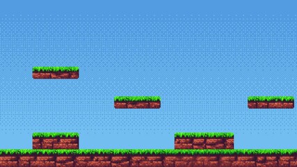 Poster - Scrolling pixel art game level background with green grass platforms and blue sky for retro video game footage.