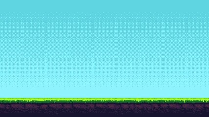Poster - Blue pixel art game level background with moving ground and grass layers for video game animation footage.