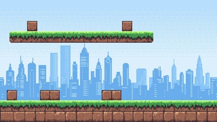 Poster - Seamless pixel art video game level with platforms, ground, and city skyline animated background footage.