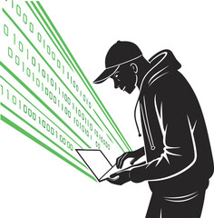 Poster - Silhouette of a hacker immersed in a digital world surrounded by cascading lines of glowing matrix code and binary data representing technology and cybersecurity