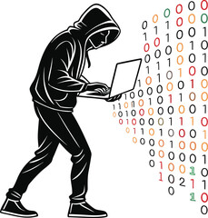 Fototapete - Silhouette of a hacker figure against a digital background filled with cascading lines of code representing cybersecurity and technology