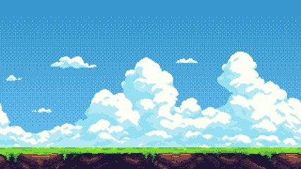 Poster - Pixel art cloud and ground horizon scrolling game level background animation