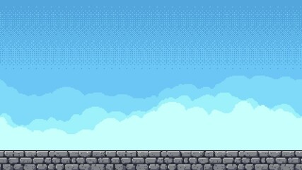 Poster - Pixel art game level background animation of a stone wall and blue sky with moving clouds, looping footage.