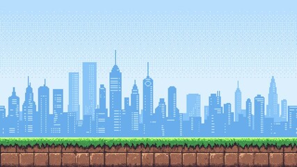 Poster - Pixel art city skyline parallax scroll with ground for retro video game level background animation