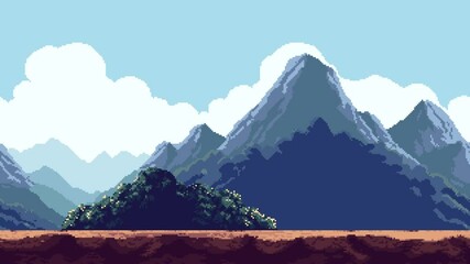 Poster - Pixel art mountain valley scenery with moving clouds and parallax scroll for game level background animation footage.