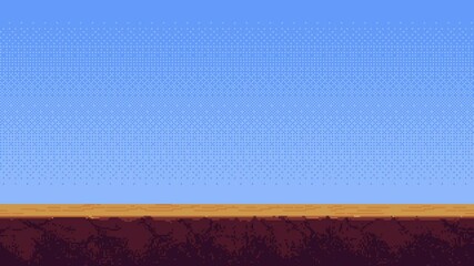 Poster - Pixel art desert ground moving animation for game level background with scrolling land and blue sky footage.