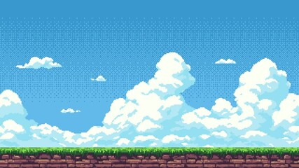 Aufkleber - Bright blue sky and white clouds moving above a green terrain, pixel art game level background animation footage.