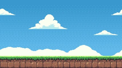 Poster - Pixel art game level background with moving clouds and sky, dynamic gaming footage.