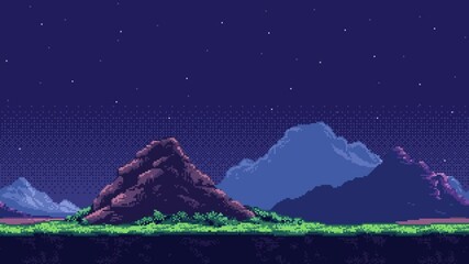 Poster - Pixel art landscape game level background animation with mountains, stars, and green foreground elements