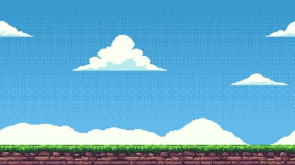Poster - Animated pixel art game level background with moving sky, white clouds, green grass, and brown earth.