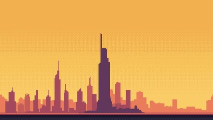 Aufkleber - Pixel art game level background animation showing a dynamic metropolis skyline changing movement