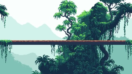 Poster - Pixelated jungle forest background with platform and mountain, a loopable game level animation