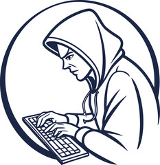 Fototapete - Minimalist vector illustration of a hacker typing on a keyboard viewed from the side conveying technology and coding themes