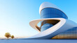© nuttachet chinavong - Modern architectural design features unique building with curved lines and large glass windows, set against clear blue sky. structure exudes