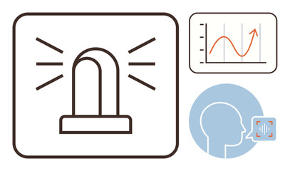 Poster - Alarm light with rays, a graph showing upward trends, and a person using speech recognition. Ideal for analytics, warning systems, emergency, communication, AI predictive data technology. Simple
