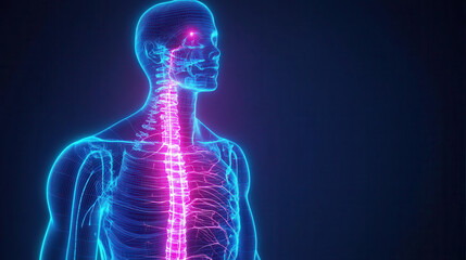 Poster - Glowing human figure with neon spine and nervous system, showcasing vibrant colors and intricate details, evokes sense of wonder and curiosity