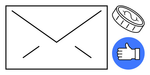 Poster - Envelope icon with coin and thumbs-up sign emphasizing digital communication, monetary transactions, and approval. Ideal for email marketing, feedback, finance, e-commerce, customer support, online