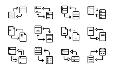 Fototapete - Data exchange and information transfer icons depict communication between data storage servers and documents.
