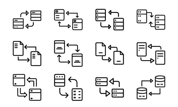 Data exchange and information transfer icons depict communication between data storage servers and documents.