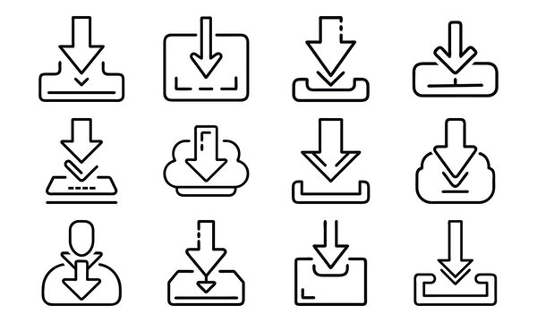 Collection of vector download icons representing cloud storage and file download operations for digital platforms.