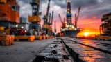 Dockyard cranes stand illuminated reflecting sunlight on ground at sunrise near harbor industry detail