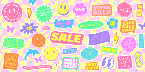 Poster - Cool Y2k Sale Stickers Collage With Checkered Pattern. Trendy Groovy Pop Art Promotional Background Vector Design.
