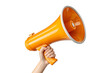 © PNG Stock - Hand holding an orange megaphone, announcing, loud speaker