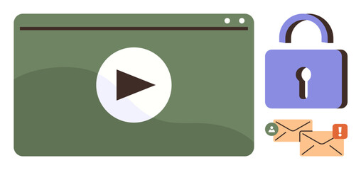 Poster - Media player window with play button, purple lock, and email icons highlighting security features. Ideal for video privacy, online streaming, secure communication, data protection, media encryption