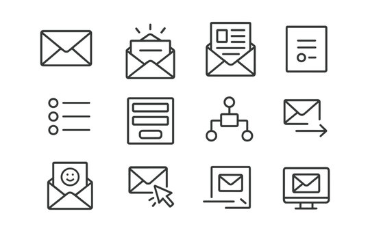Email icons set featuring envelopes, documents, and communication elements
