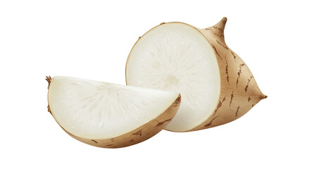 Poster - Fresh jicama root cut in half showing white flesh and brown skin texture