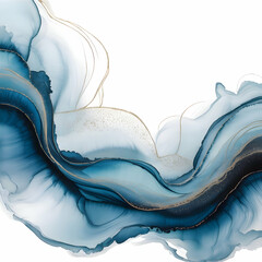 Poster - Beautiful Abstract Blue Ink Flow with Gold Glitter Particles and White Background