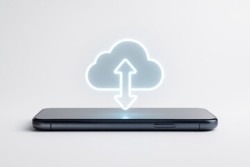 Fototapete - Mobile Cloud Connection: A sleek smartphone displays a glowing cloud icon with up and down arrows, symbolizing seamless data transfer in a modern technology-driven era.