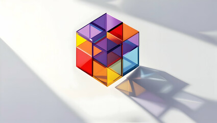 Poster - Abstract Colorful Geometric Cube Construction Illuminated by Sunlight Creating Shadows and Reflections on a White Surface