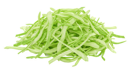 Poster - Fresh snow peas cut into strips sit piled on a black background surface